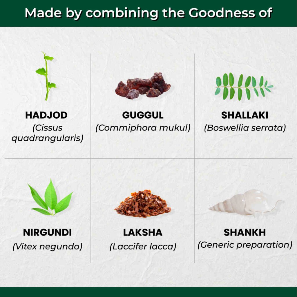 AyuOrtho Tablets Key Ingredients Hadjod, Guggul, Shallaki, Nirgundi, Laksha, Shankh